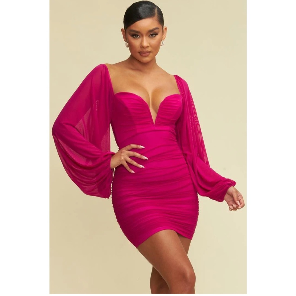 LUXXEL Mesh Full Sleeve Mini Dress Magenta Size L NWT